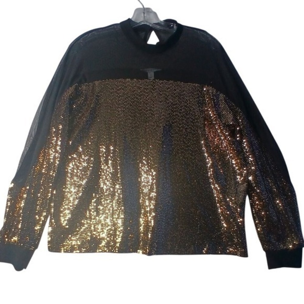 Nine West Sequin Top Womens Small Black Gold Mesh Mock Neck Long Sleeve Glam